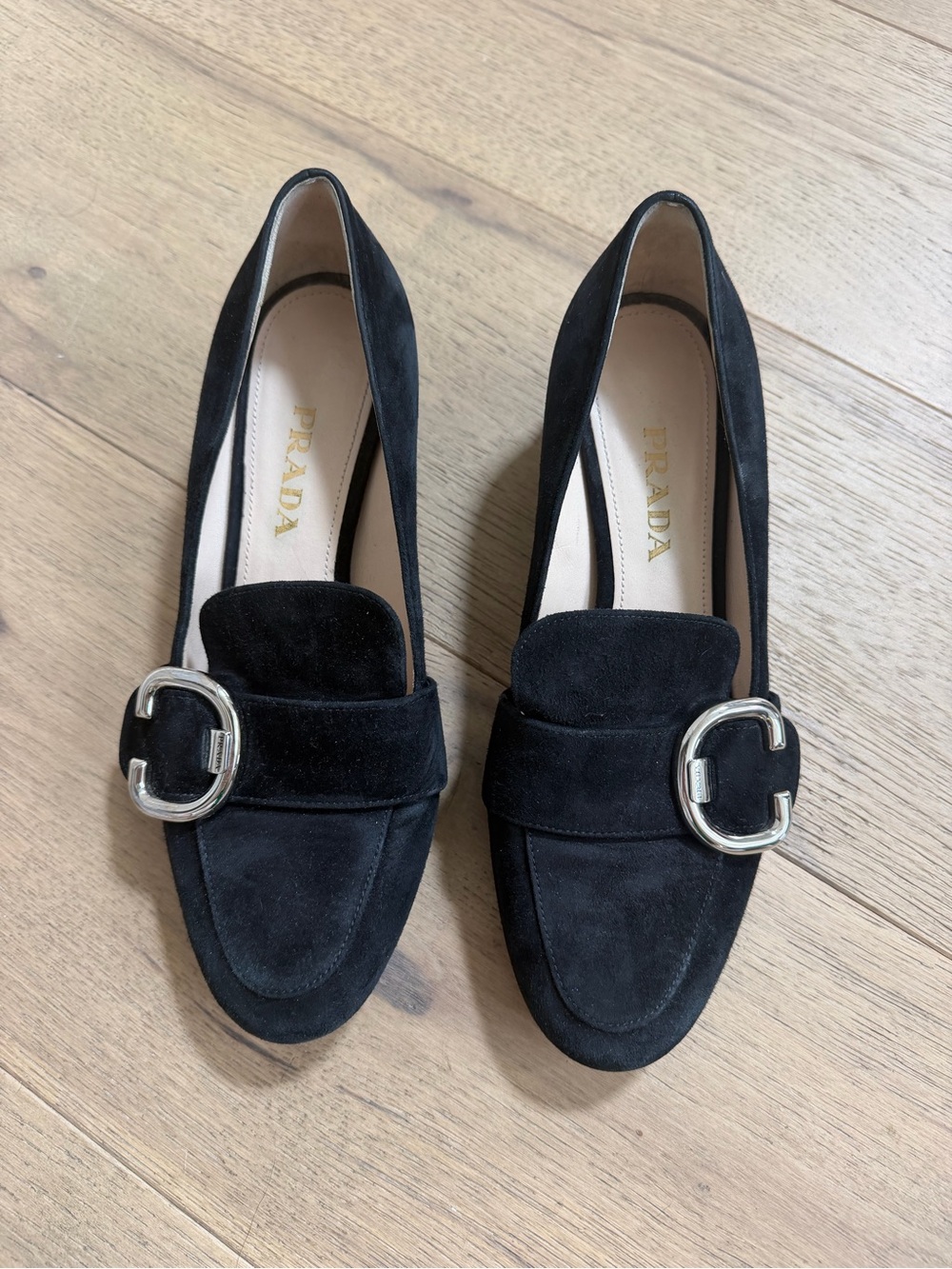 Prada Black Suede Loafers with Silver Buckles